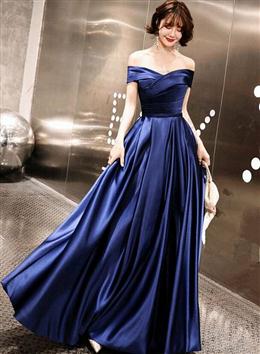 Picture of Blue Off Shoulder Prom Dresses, Blue Satin Party Gown Prom Dresses